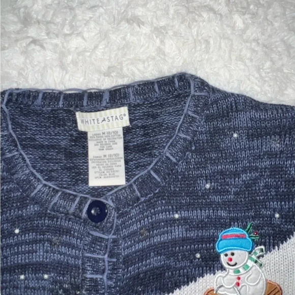 Womens White Stag Vintage Ugly Christmas Sweater / Cardigan Snowmen Medium - Picture 3 of 4